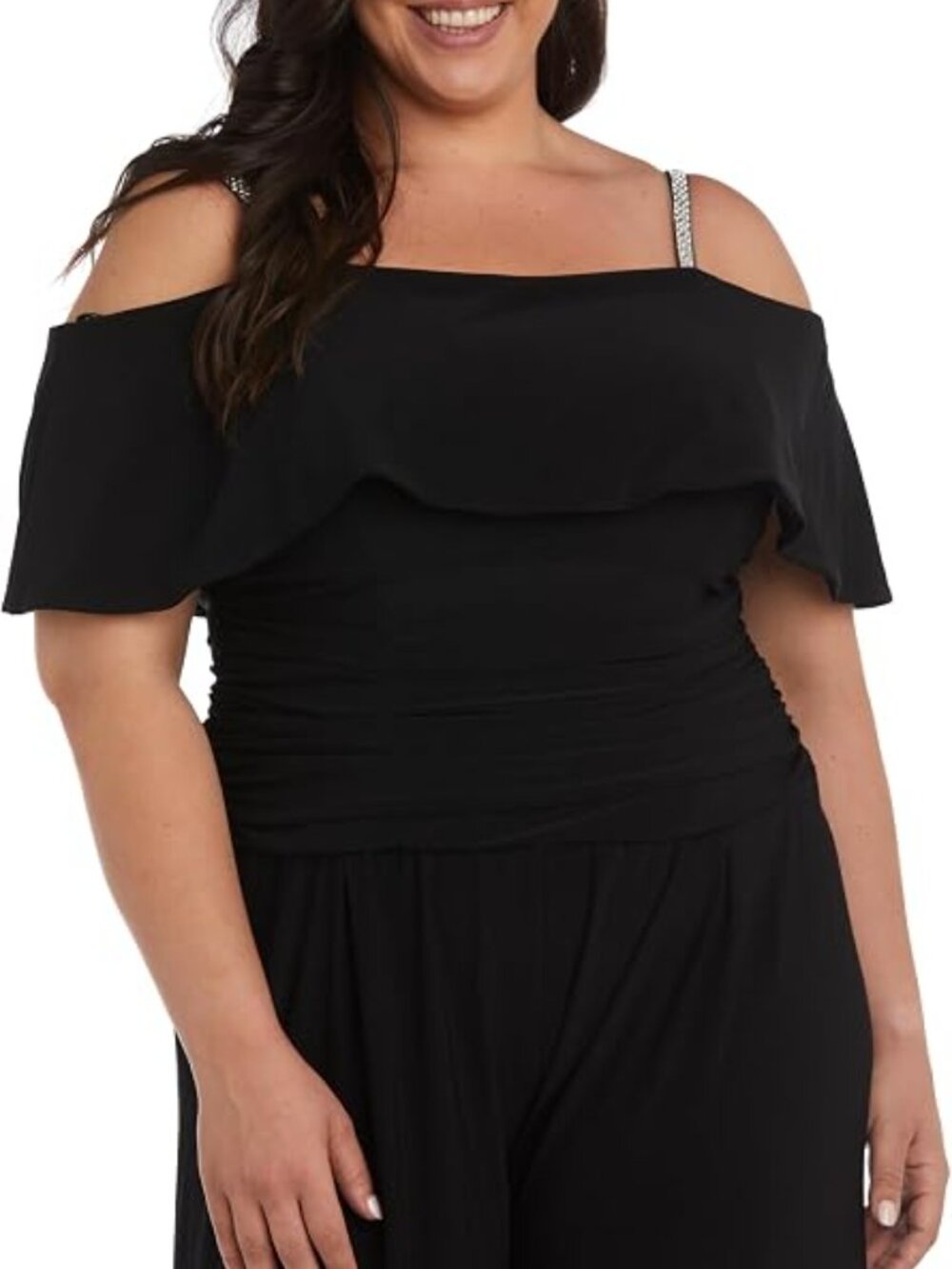 โจ R&M Richards Black Rhinestone Strap Cold Shoulder Jumpsuit Size 8 NWT - Picture 4 of 6